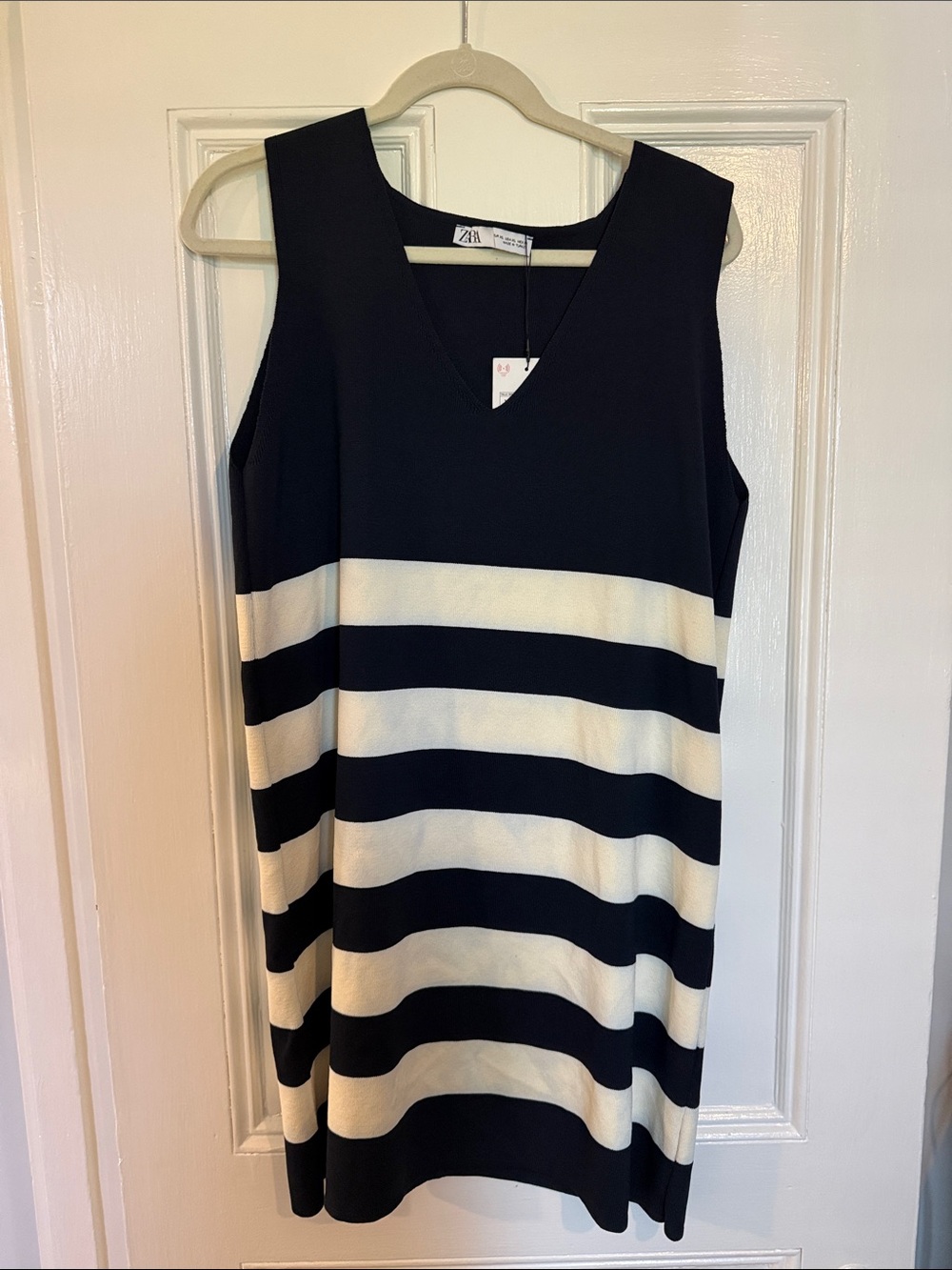 Zara Navy and White Striped V-Neck Mini Dress